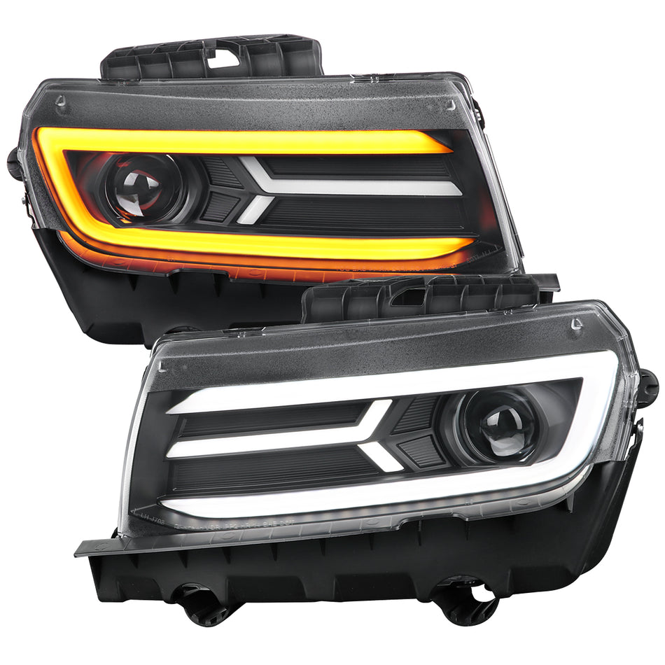 2014-2015 Chevrolet Camaro LED Strip Projector Headlights w/ Sequential Turn Signal Lights (Matte Black Housing/Clear Lens)