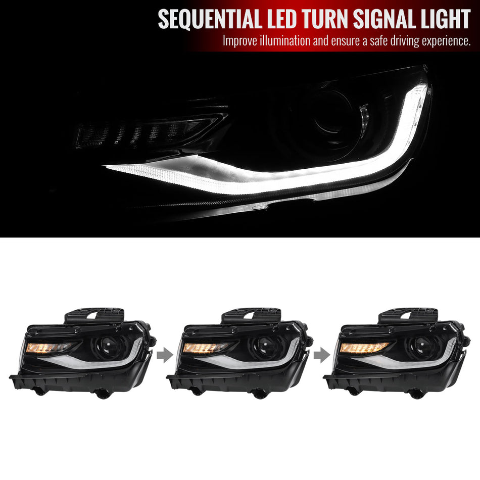 2014-2015 Chevrolet Camaro LED Strip D2H Xenon Projector Headlights w/ Sequential Turn Signal Lights (Black Housing/Clear Lens)