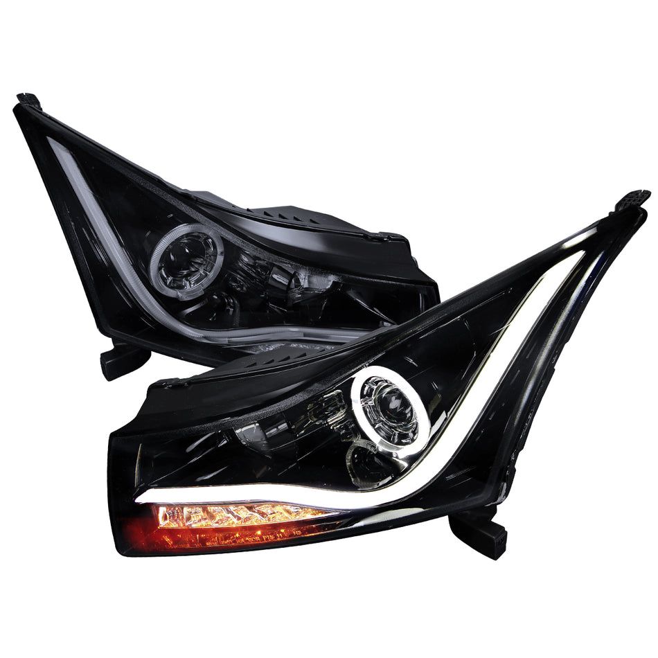 2011-2015 Chevrolet Cruze / 2016 Cruze Limited LED Bar Halo Projector Headlights w/ LED Turn Signal Lights (Glossy Black Housing/Smoked Lens)