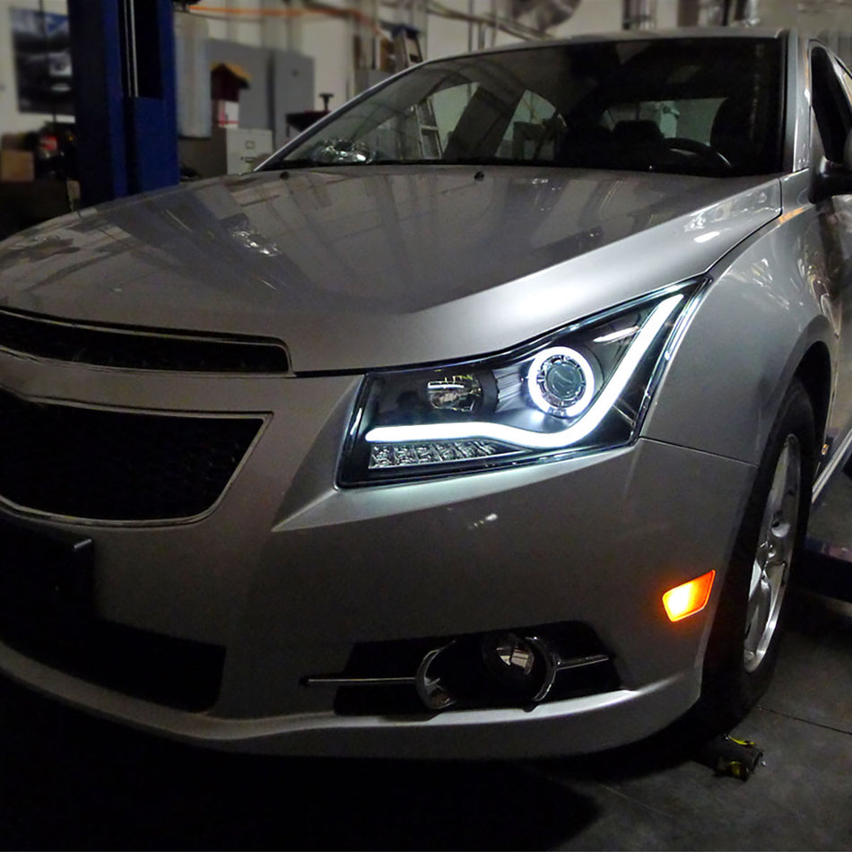 2011-2015 Chevrolet Cruze / 2016 Cruze Limited Halo Projector Headlights w/ LED Light Bar & LED Turn Signal Lights (Matte Black Housing/Clear Lens)