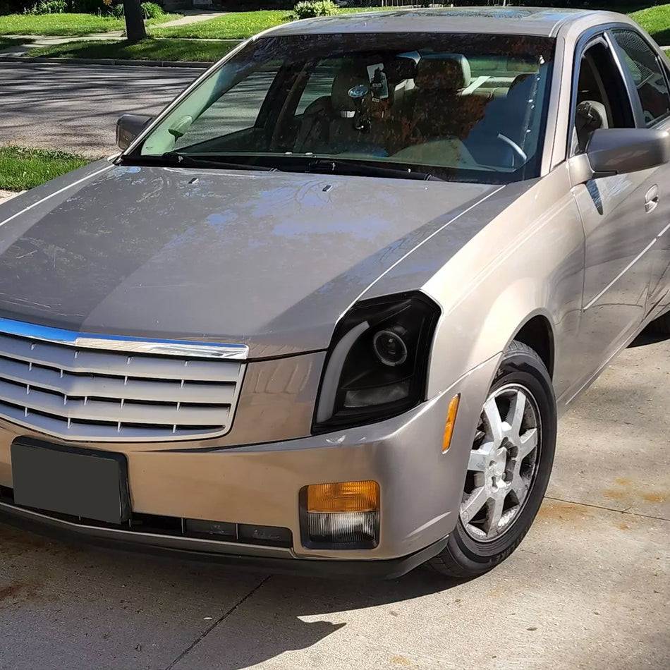 2003-2007 Cadillac CTS Halo Switchback Sequential LED Turn Signal Projector Headlights (Matte Black Housing/Smoked Lens)