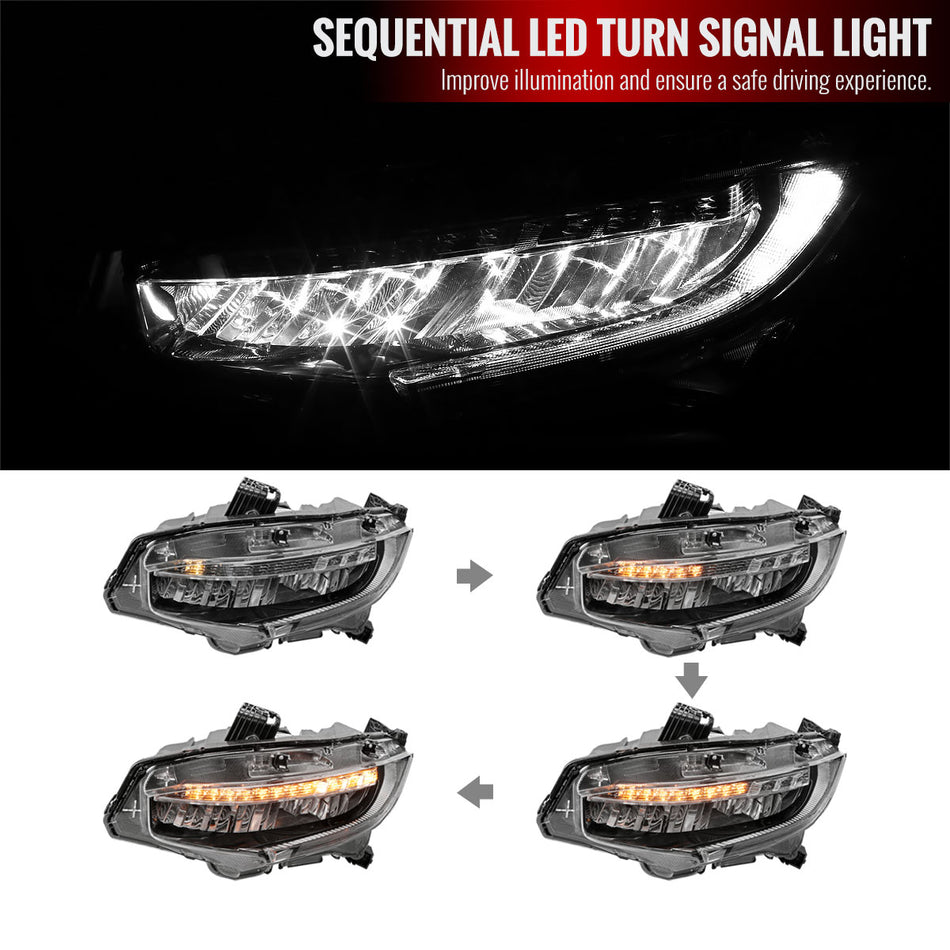 2016-2020 Honda Civic Full LED Headlights w/ LED Strip & Sequential LED Turn Signal Lights (Black Housing/Clear Lens)