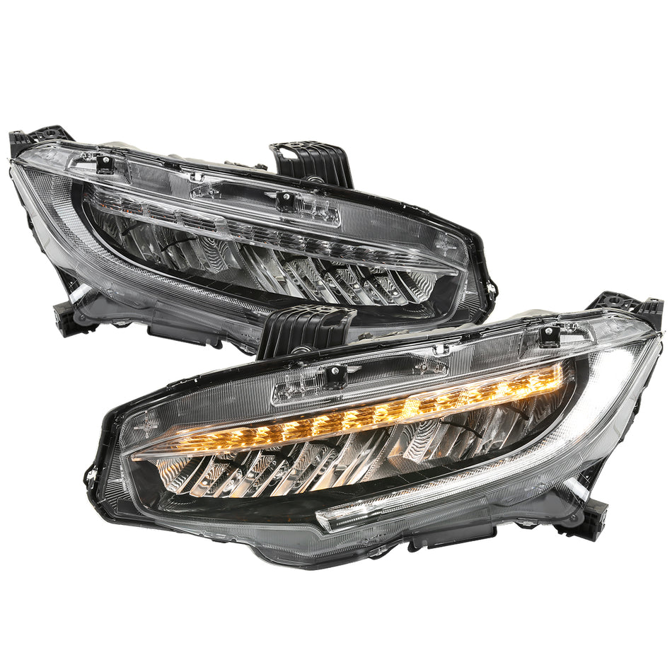 2016-2020 Honda Civic Full LED Headlights w/ LED Strip & Sequential LED Turn Signal Lights (Black Housing/Clear Lens)