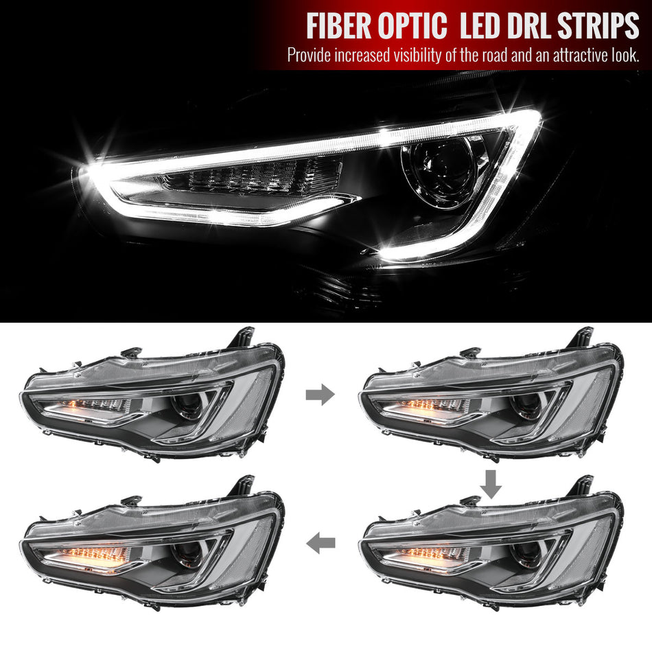 2008-2017 Mitsubishi Lancer/EVO X Projector Headlights w/ LED Strip & Sequential LED Turn Signal Lights (Black Housing/Clear Lens)