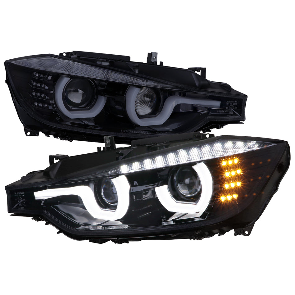 2012-2015 F30 3 Series Sedan Dual U-Bar Projector Headlights w/ LED Turn Signal Lights (Chrome Housing/Smoked Lens)