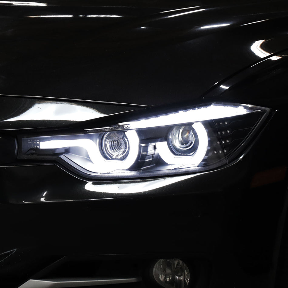 2012-2015 BMW F30 3 Series Sedan Dual LED U-Bar Projector HID-Compatible Headlights w/ LED Turn Signal Lights (Matte Black Housing/Clear Lens)