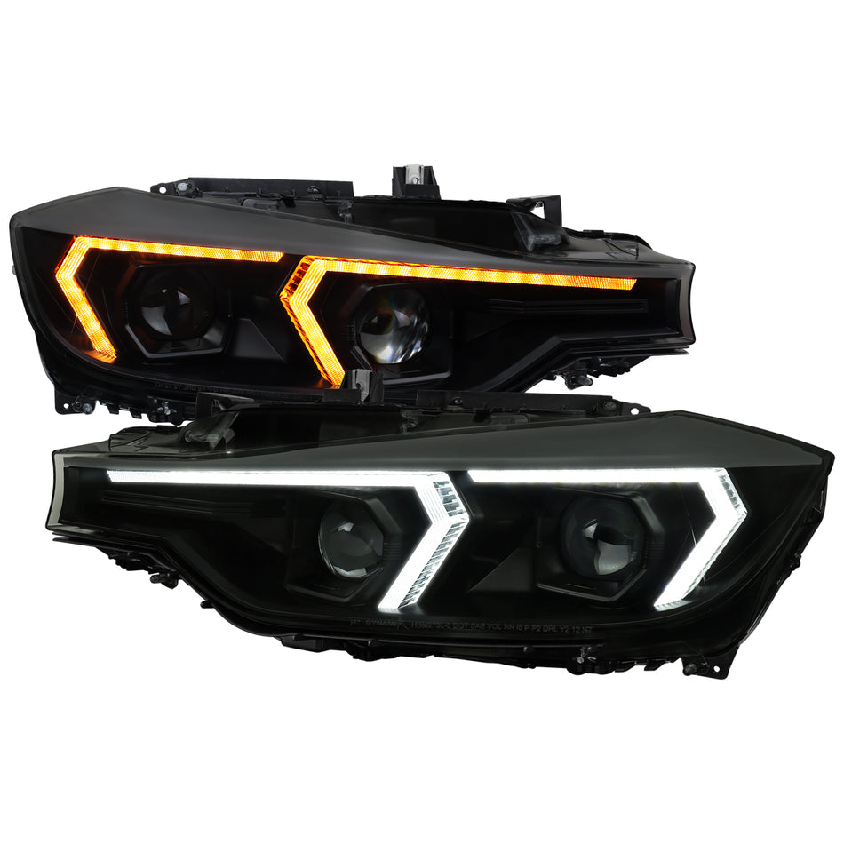 2012-2015 BMW F30 3 Series Sedan Projector Headlights w/ Switchback Sequential LED Turn Signal (Black Housing / Smoked Lens)