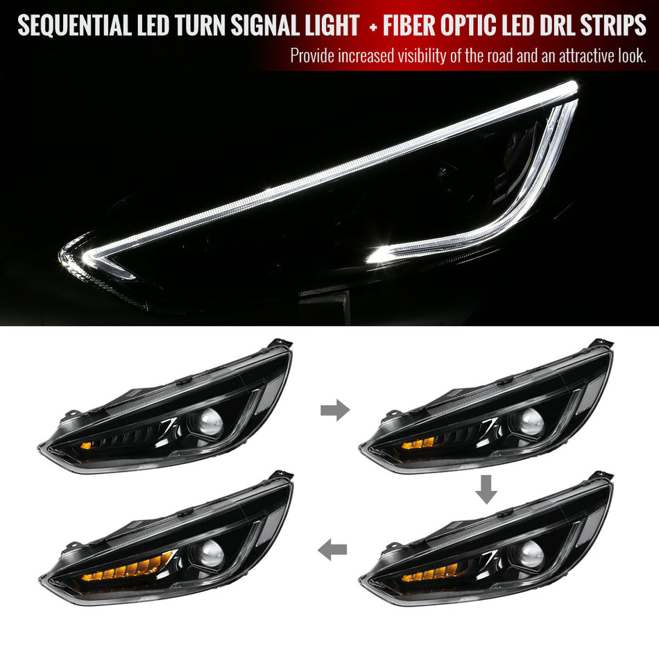 2015-2018 Ford Focus Projector Headlights w/ LED Strip & Sequential LED Turn Signal Lights (Matte Black Housing/Clear Lens)