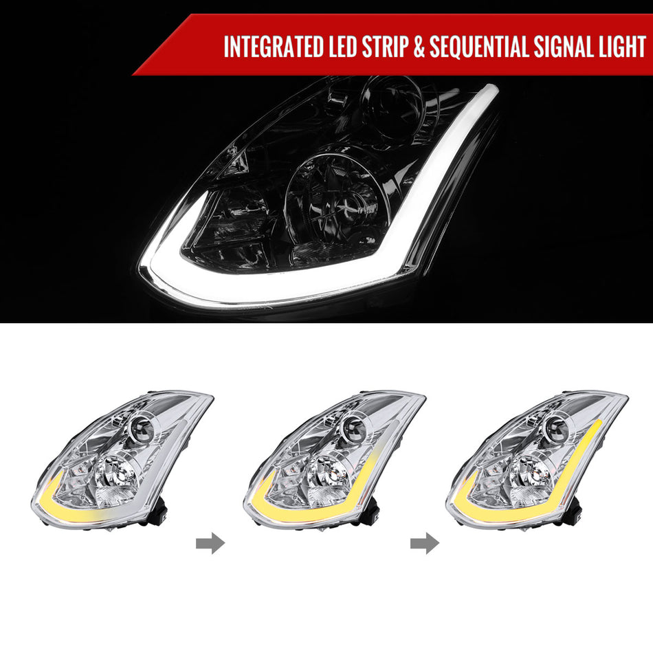 2003-2007 Infiniti G35 Coupe LED Bar Projector Headlights w/ Sequential Turn Signals (Chrome Housing / Clear Lens)