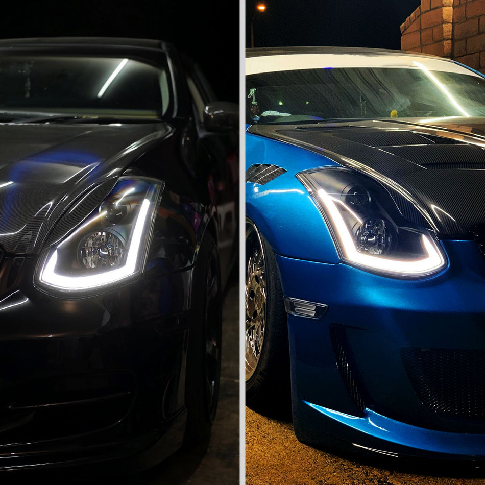 2003-2007 Infiniti G35 Coupe LED Bar Projector Headlights w/ Sequential Turn Signals (Matte Black Housing / Clear Lens)