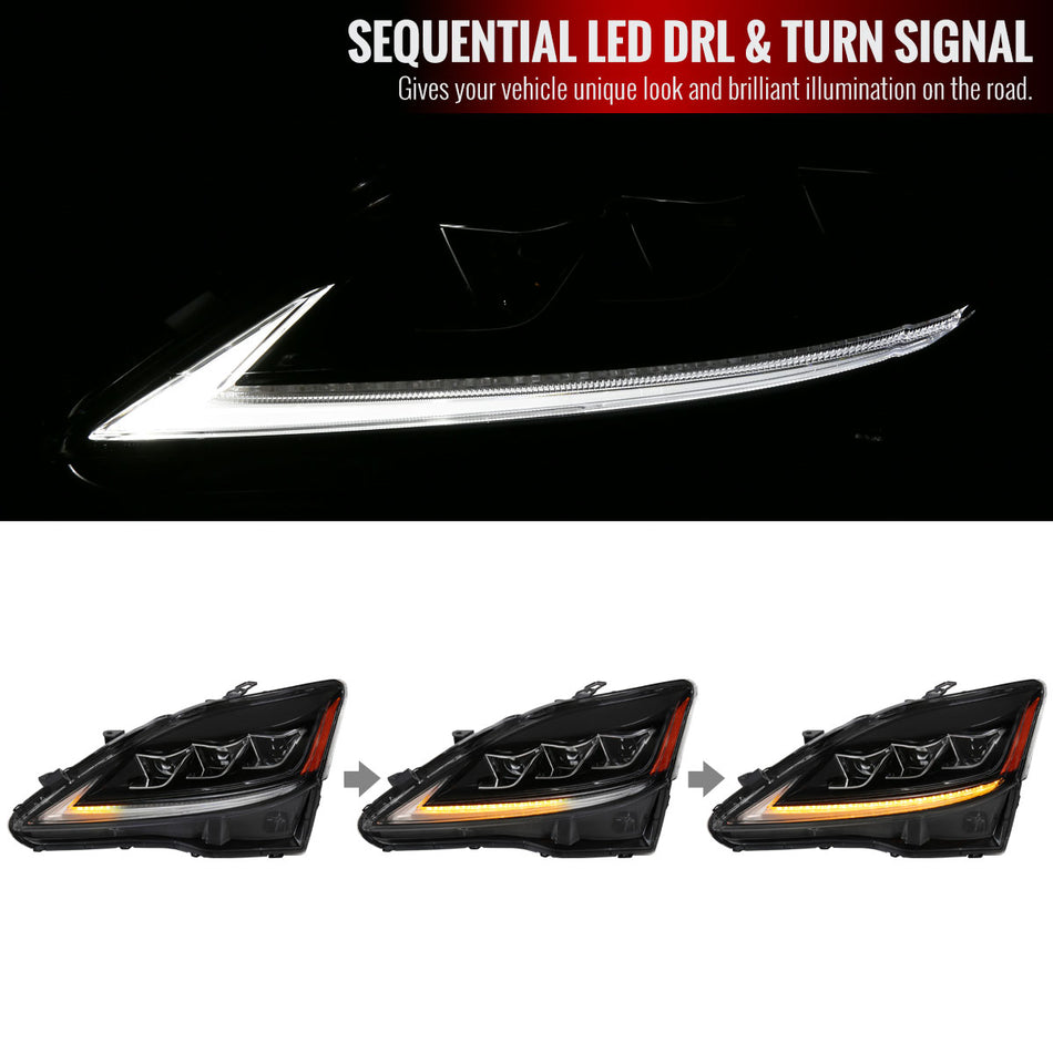 2006-2013 Lexus IS250/350/ISF Full LED Projector Headlights w/ Switchback LED Strip (Black Housing/Clear Lens)