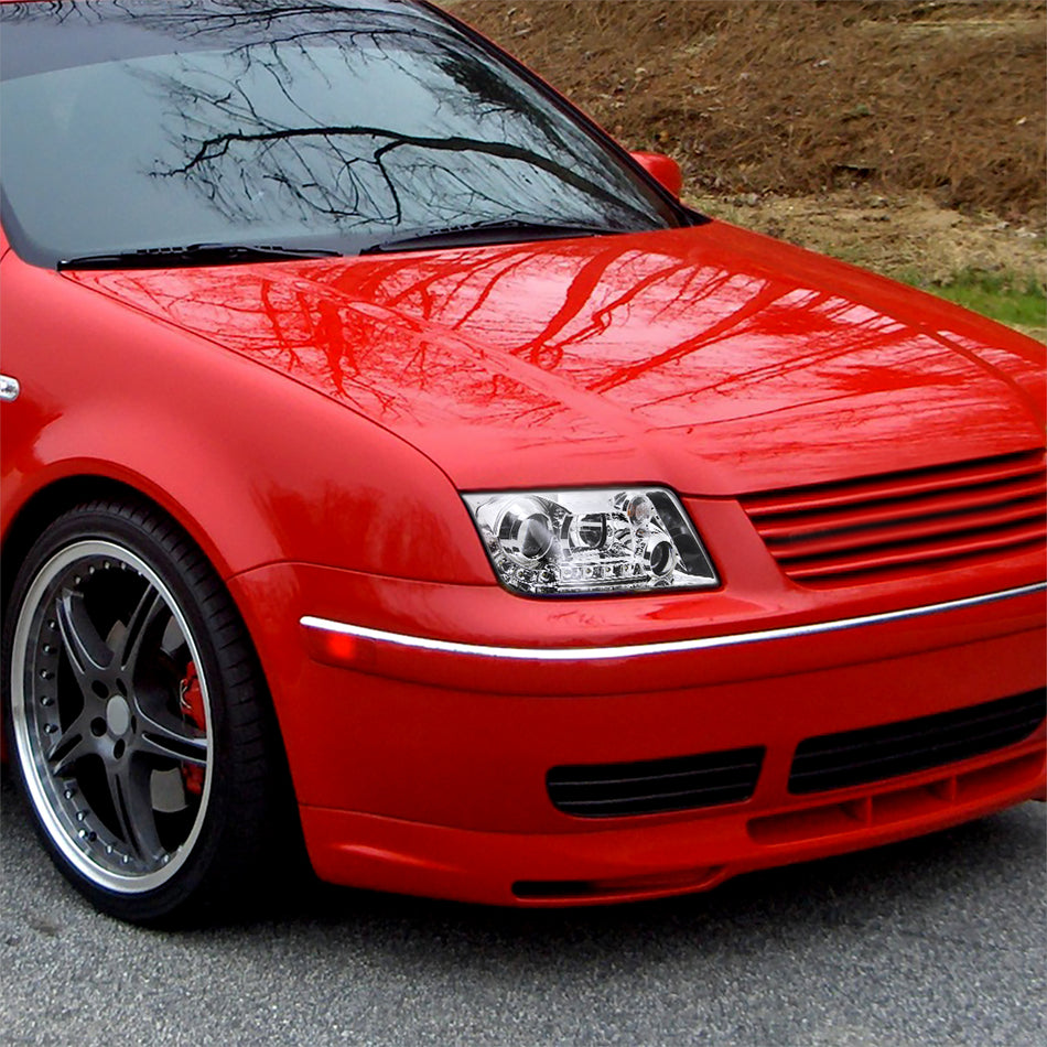 1999-2004 Volkswagen Jetta/Bora Projector Headlights w/ R8 Style LED Light Strip (Chrome Housing/Clear Lens)