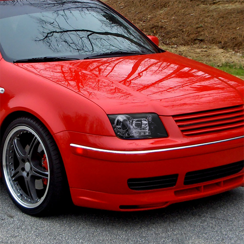 1999-2004 Volkswagen Jetta/Bora Projector Headlights w/ R8 Style LED Light Strip (Glossy Black Housing/Smoked Lens)