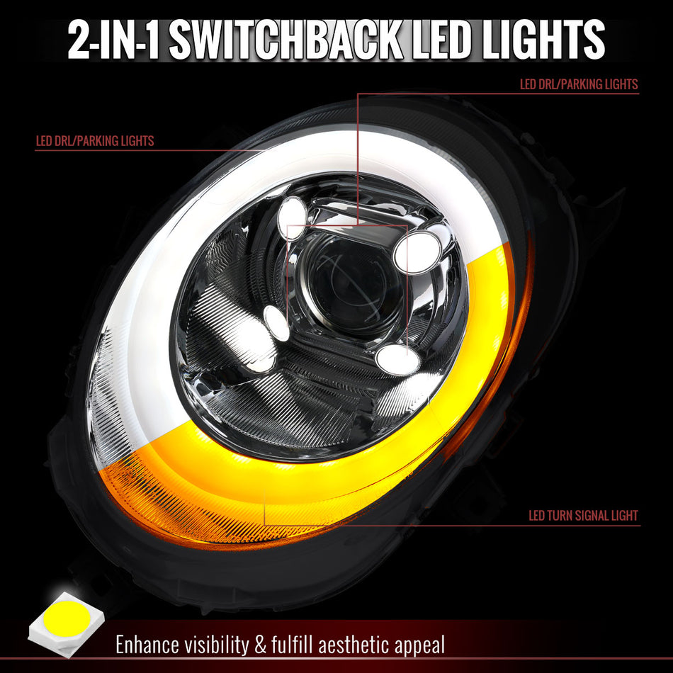 2014-2021 Mini Cooper F55 F56 F57 Projector Headlights Switchback LED DRL (Chrome Housing / Clear Lens)