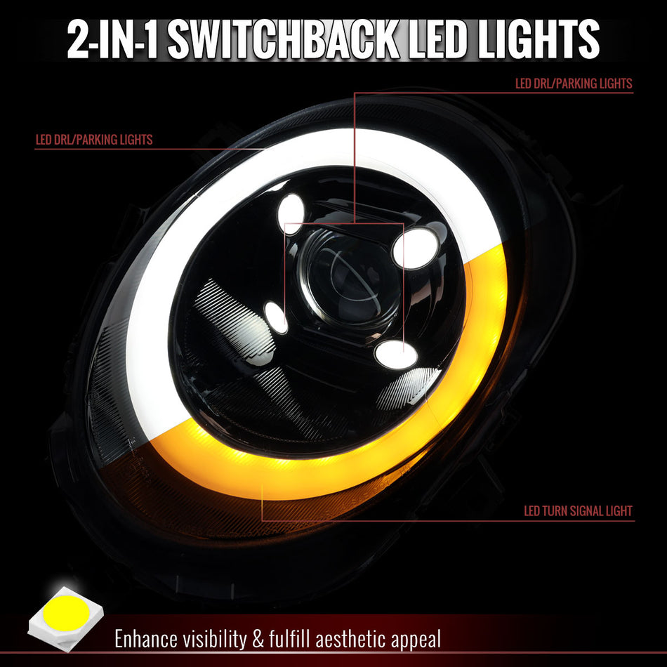 2014-2021 Mini Cooper F55 F56 F57 Projector Headlights Switchback LED DRL (Glossy Black Housing / Smoked Lens)