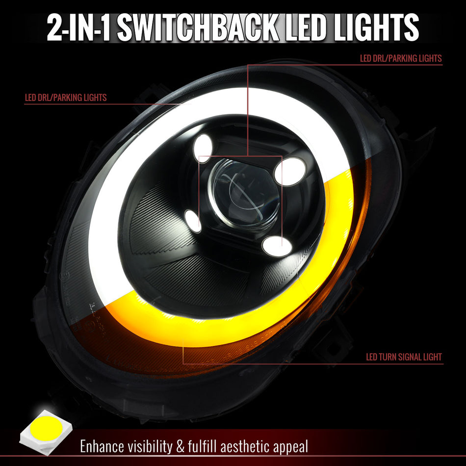 2014-2021 Mini Cooper F55 F56 F57 Projector Headlights Switchback LED DRL (Matte Black Housing / Clear Lens)