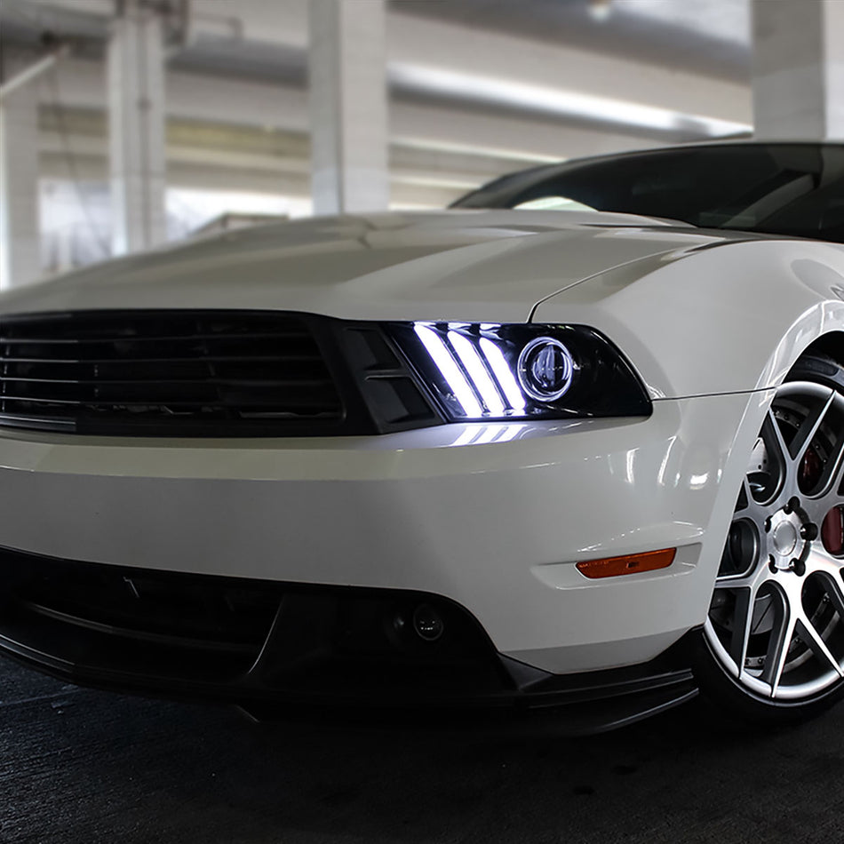2010-2014 Ford Mustang LED Bar Projector Headlights w/ Sequential Turn Signals (Glossy Black Housing/Smoked Lens)