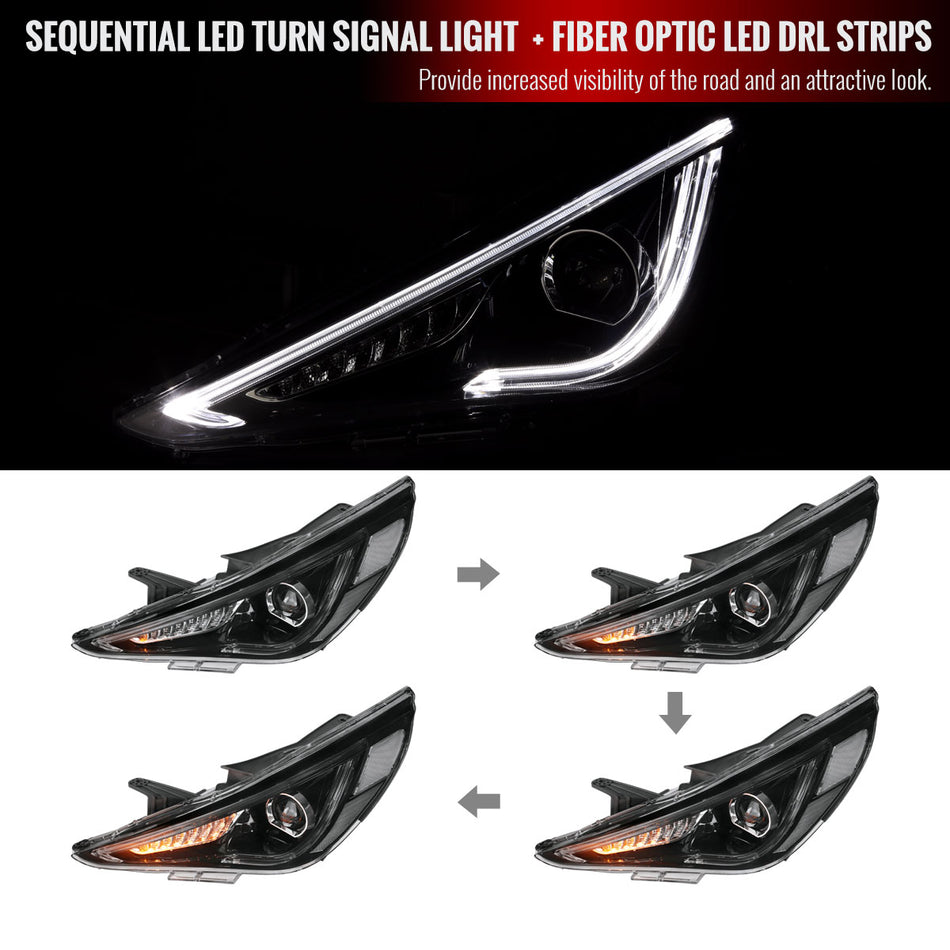 2011-2014 Hyundai Sonata Projector Headlights w/ LED Strip & Sequential LED Turn Signal Lights (Black Housing/Clear Lens)
