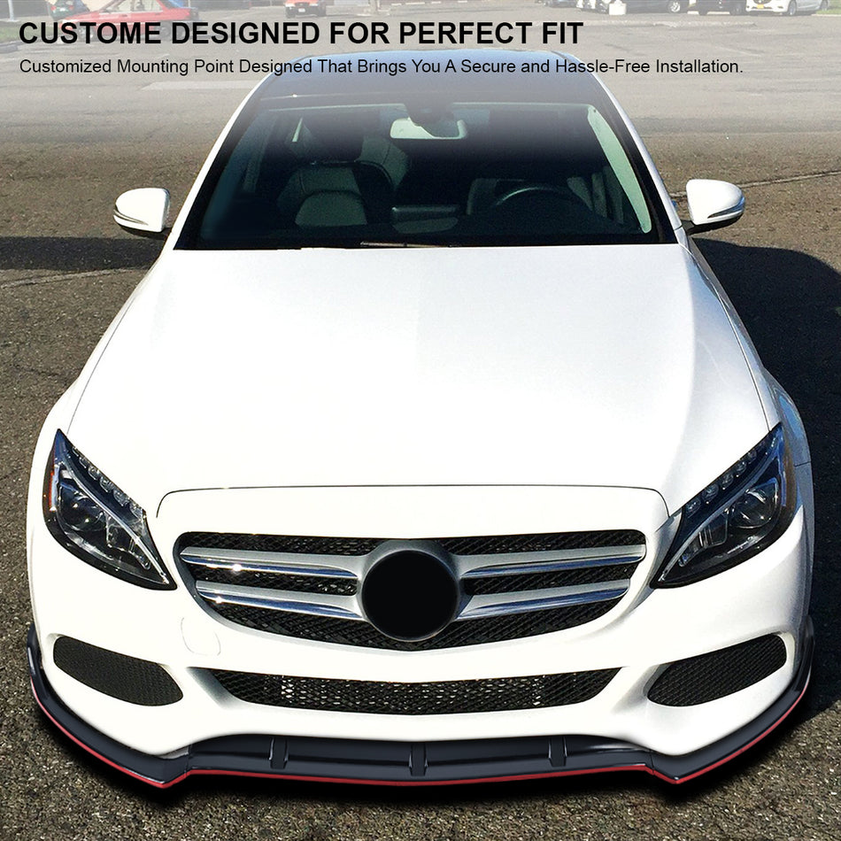 2015-2018 Mercedes Benz W205 C Class Glossy Black/Red Trim 3PC Front Bumper Lip Splitter Kit