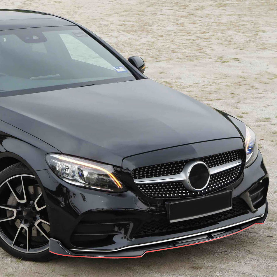 2019-2021 Mercedes Benz W205 C Class Glossy Black/Red Trim 3PC Front Bumper Lip Splitter Kit