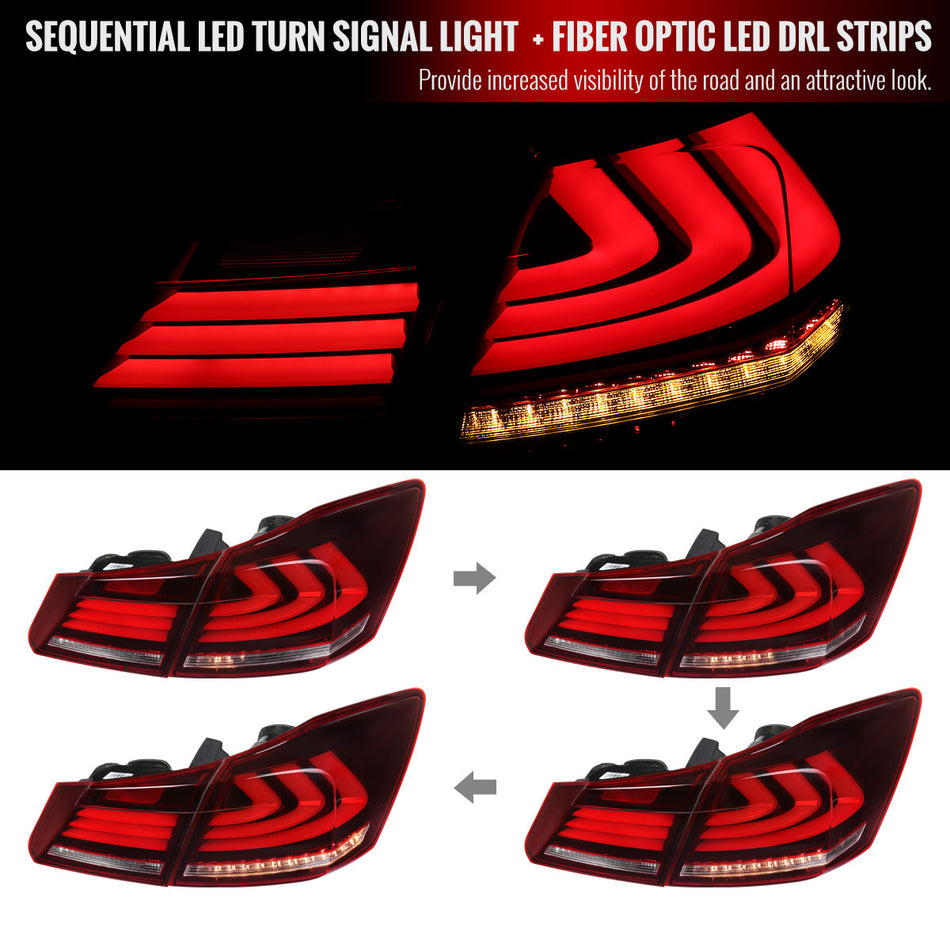 2013-2015 Honda Accord Sedan LED Tail Lights w/ Sequential Turn Signal Lights (Chrome Housing/Red Clear Lens)