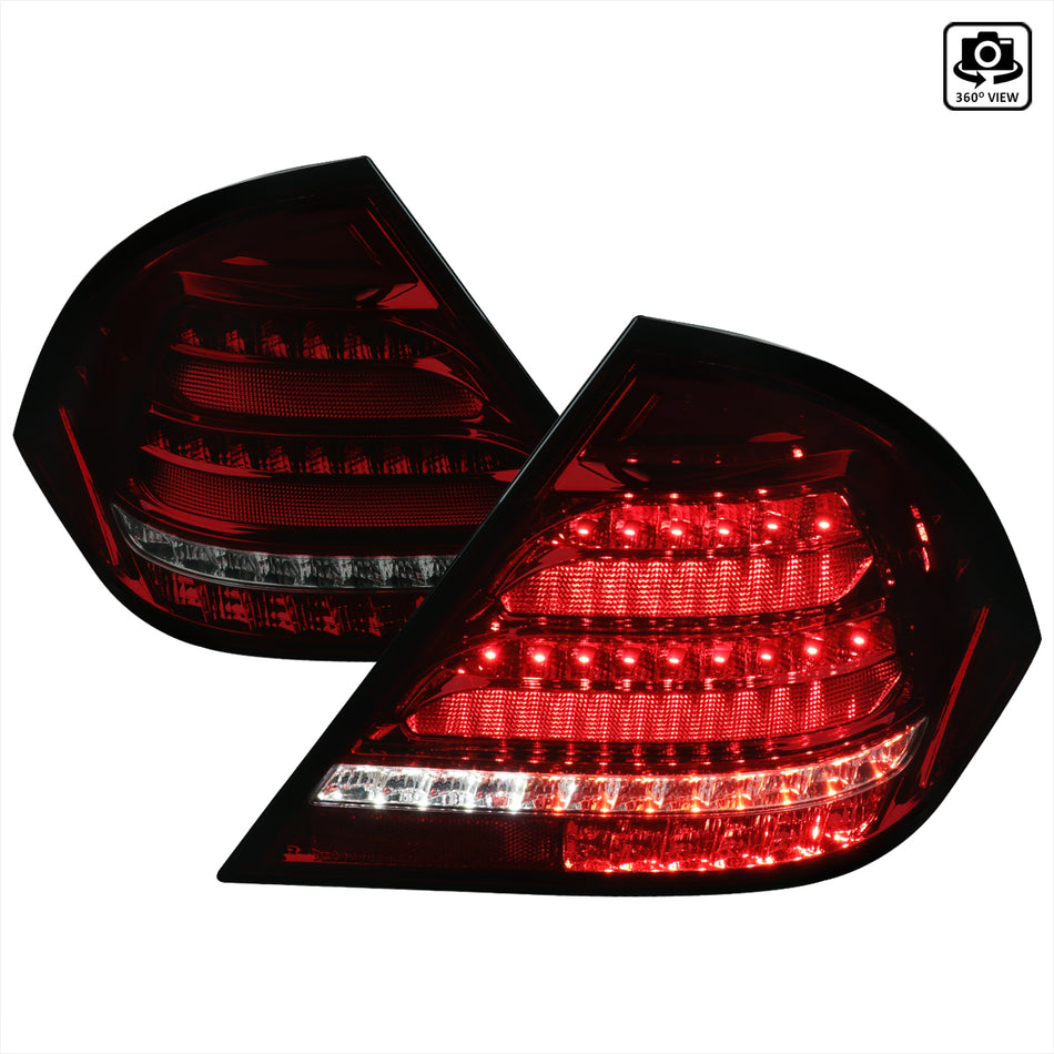 2001-2004 Mercedes Benz W203 C-Class Sequential Turn Signal LED Tail Lights (Chrome Housing/Red Smoked Lens)
