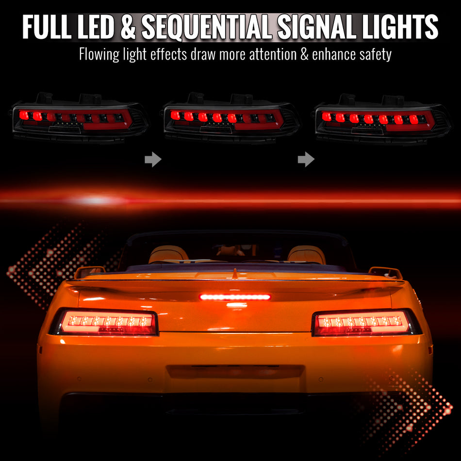 2014-2015 Chevrolet Camaro Full Red LED Sequential Tail Light (Jet Black Housing/Clear Lens)