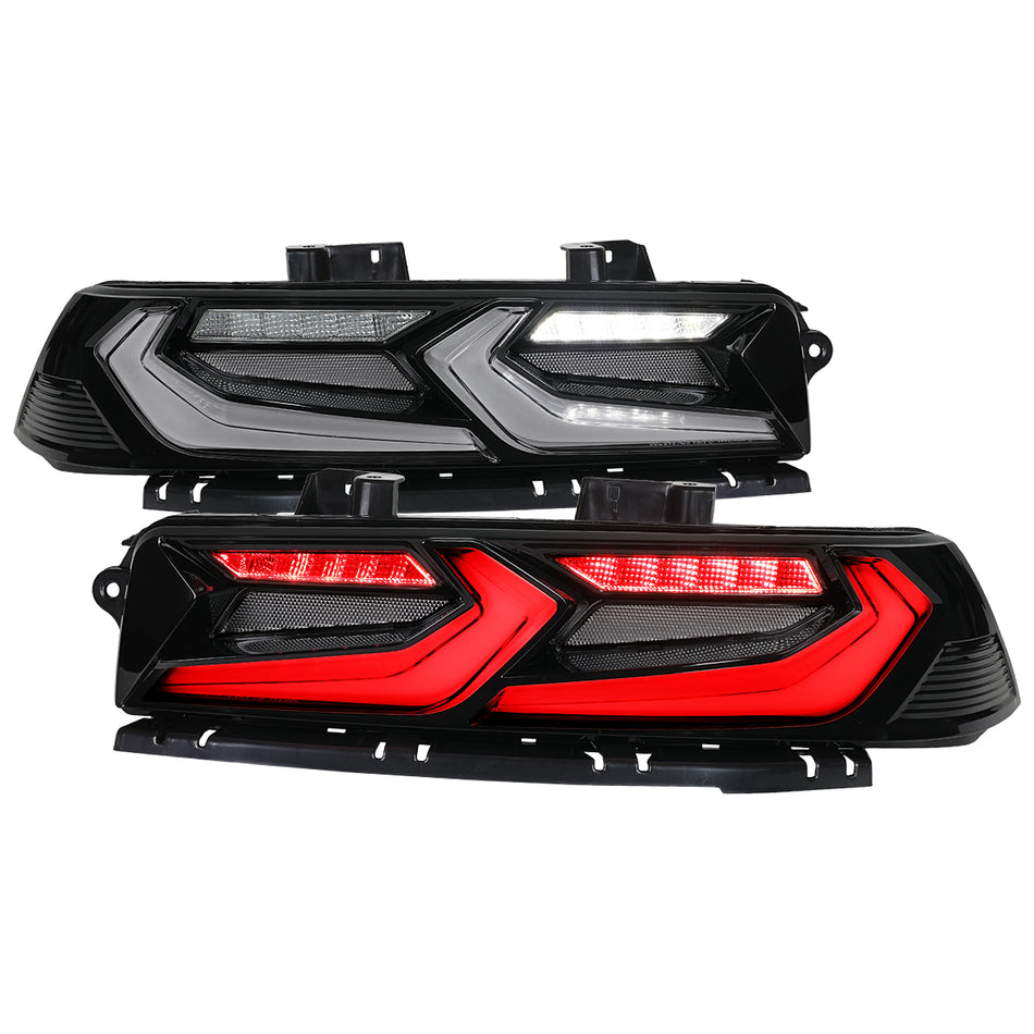 2014-2015 Chevrolet Camaro Sequential LED Turn Signal C8-Style Tail Lights (Black Housing / Smoked Lens)