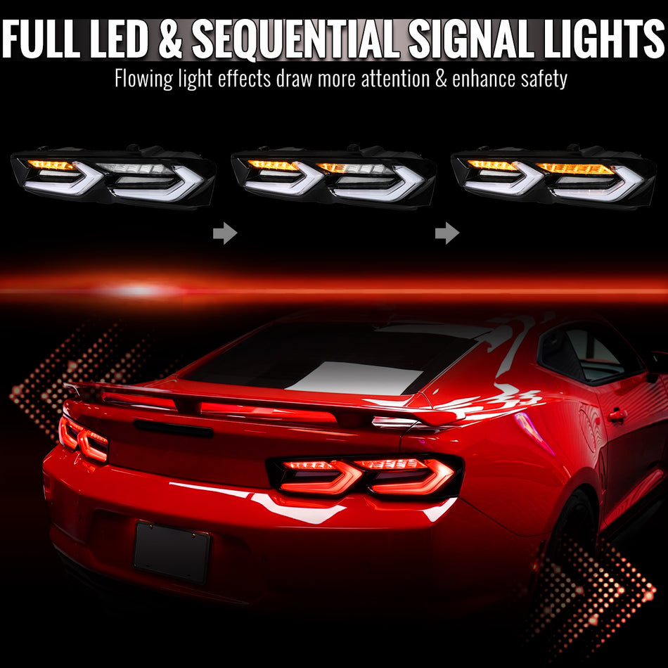 2019-2024 Chevrolet Camaro Sequential LED Turn Signal C8-Style Tail Lights (Black Housing / Clear Lens)