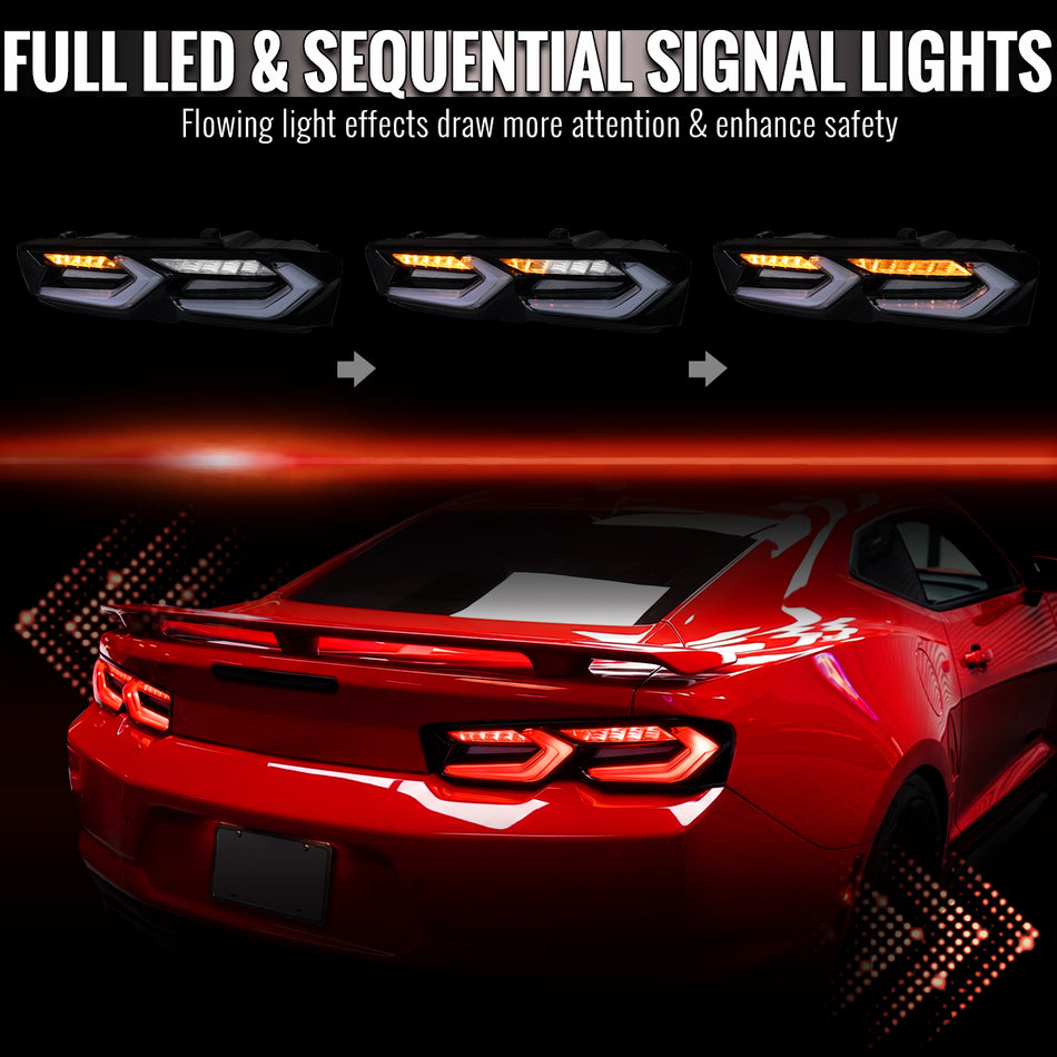 2019-2024 Chevrolet Camaro Sequential LED Turn Signal C8-Style Tail Lights (Black Housing / Smoked Lens)