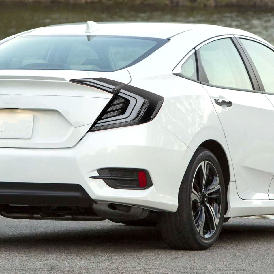 2016-2021 Honda Civic 4DR Sedan White LED Tail Lights w/ Sequential Signal Lamps (Matte Black Housing/Clear Lens)