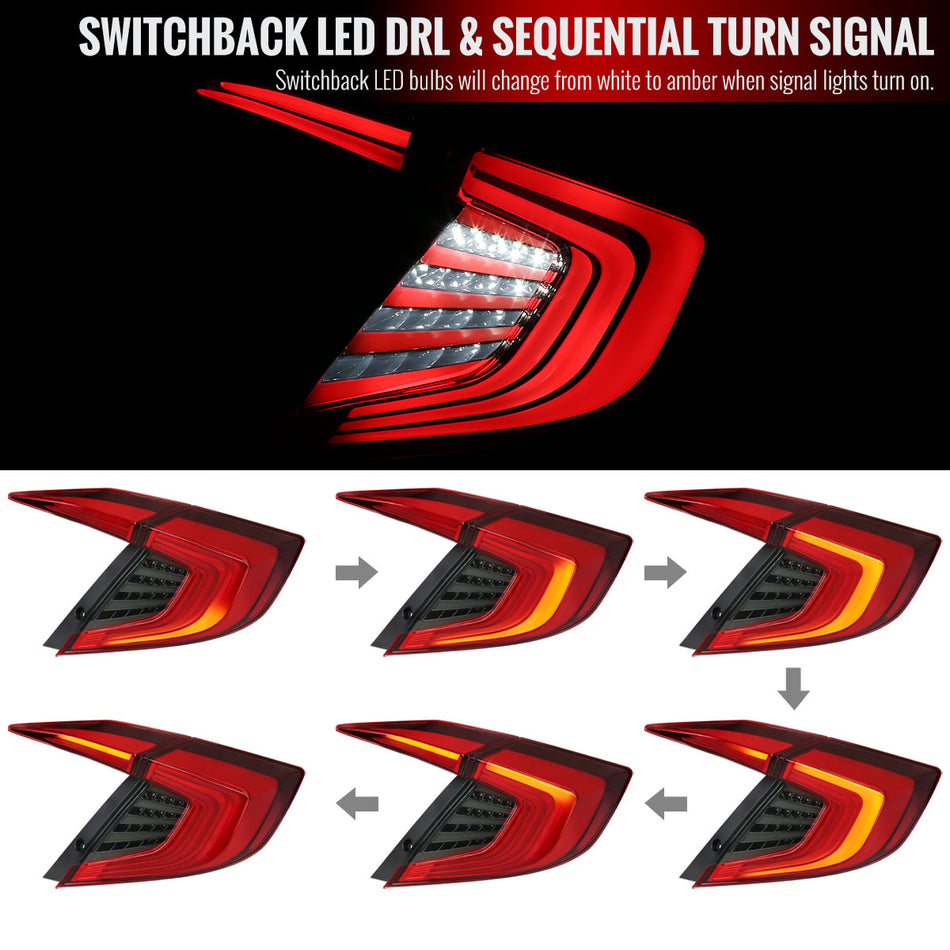 2016-2021 Honda Civic LED Tail Lights w/ Switchback Sequential Turn Signals (Chrome Housing/Red Smoke Lens)