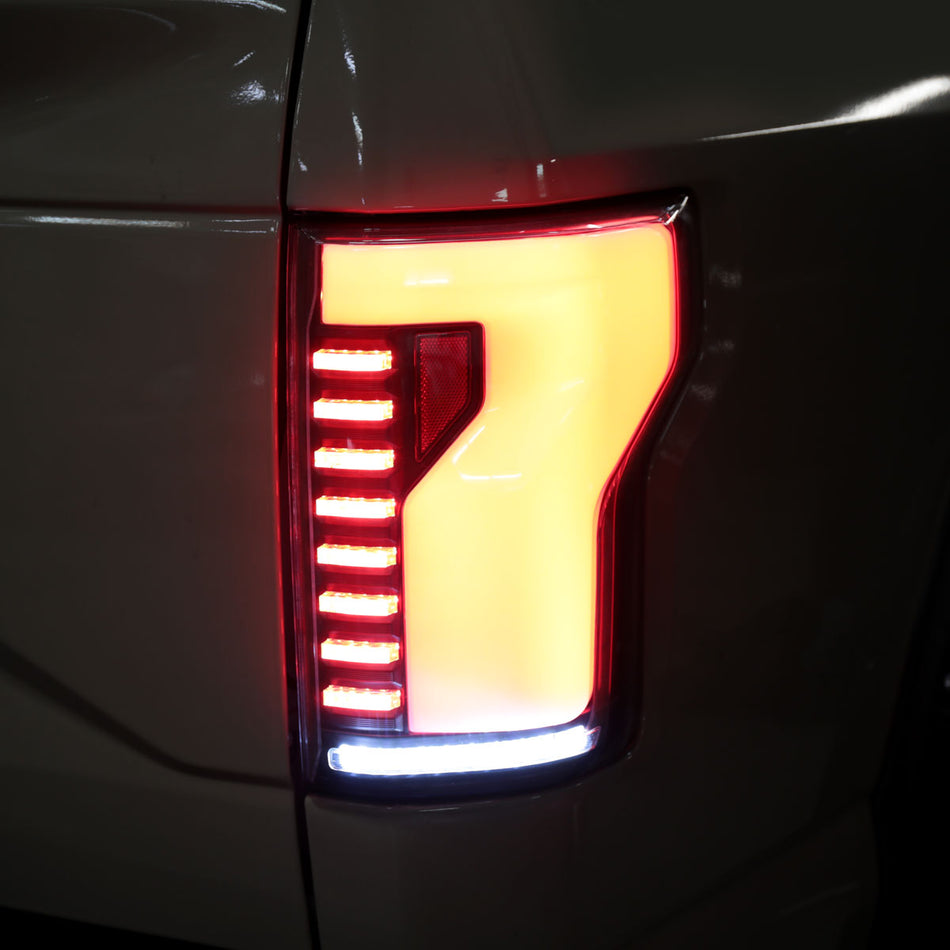 2018-2020 Ford F-150 Sequential Turn Signal Animated White LED Bar Tail Lights (Matte Black Housing/Clear Lens)