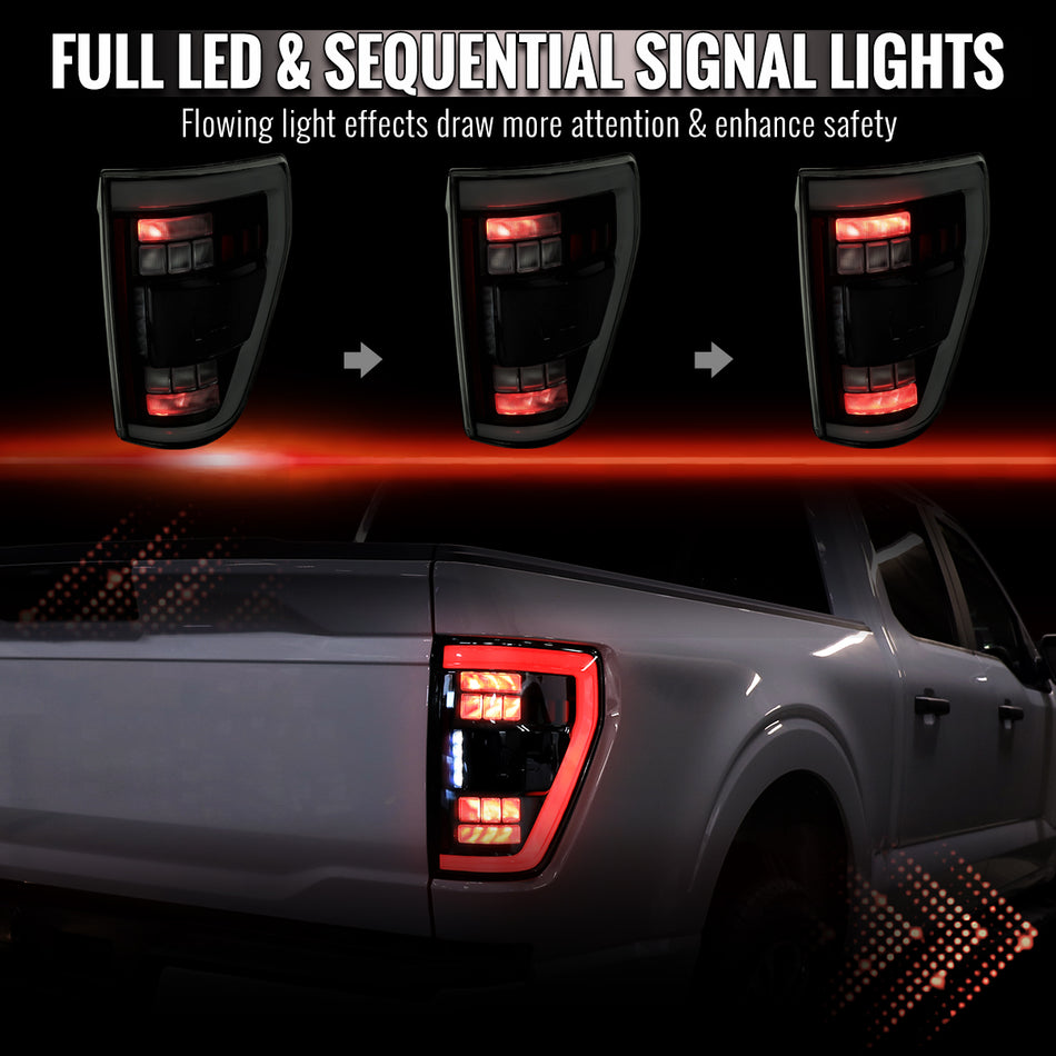 2021-2023 Ford F-150 Full LED Tail Lights with White Light Bar Sequential Turn Signal, Startup Animation & Factory BSM Compatibility (Black Housing / Smoked Lens)