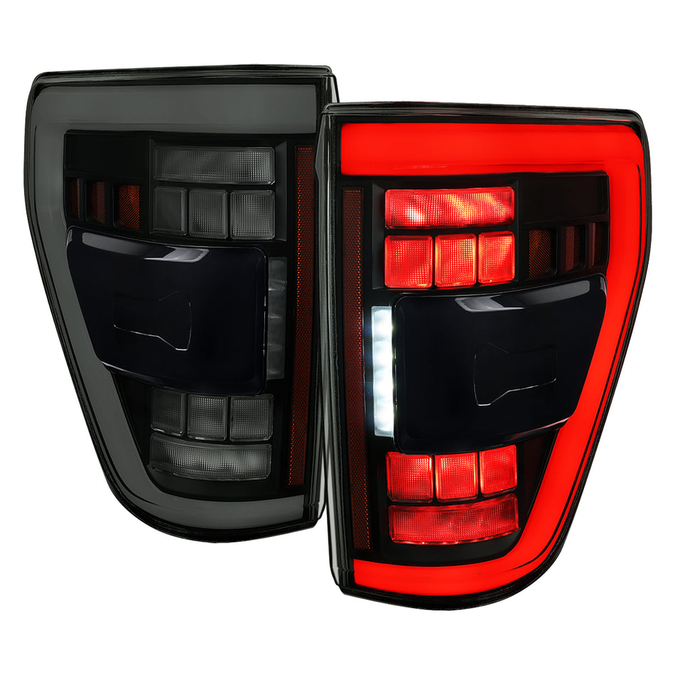 2021-2023 Ford F-150 Full LED Tail Lights with White Light Bar Sequential Turn Signal, Startup Animation & Factory BSM Compatibility (Black Housing / Smoked Lens)