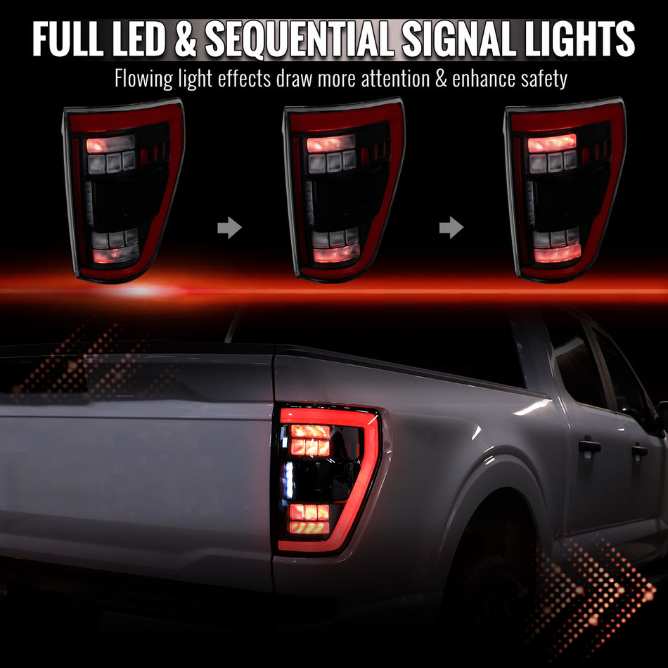 2021-2023 Ford F-150 Full LED Tail Lights with Red Light Bar Sequential Turn Signal, Startup Animation & Factory BSM Compatibility (Matte Black Housing / Clear Lens)