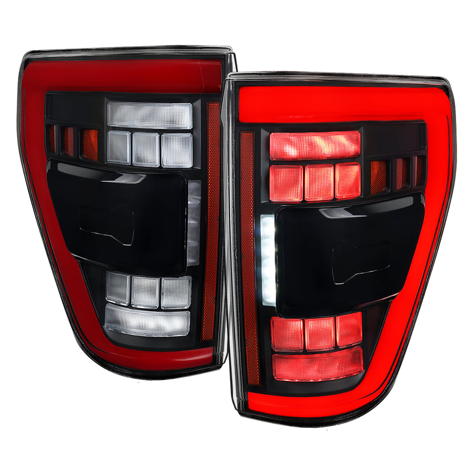 2021-2023 Ford F-150 Full LED Tail Lights with Red Light Bar Sequential Turn Signal, Startup Animation & Factory BSM Compatibility (Matte Black Housing / Clear Lens)