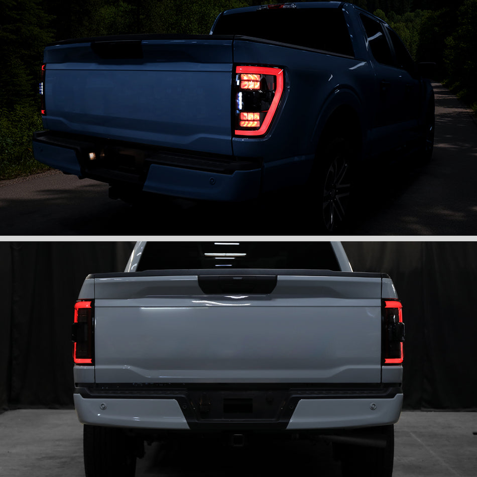 2021–2023 Ford F-150 Red LED Tail Lights w/ Switchback Sequential Turn Signals (Matte Black Housing / Clear Lens)