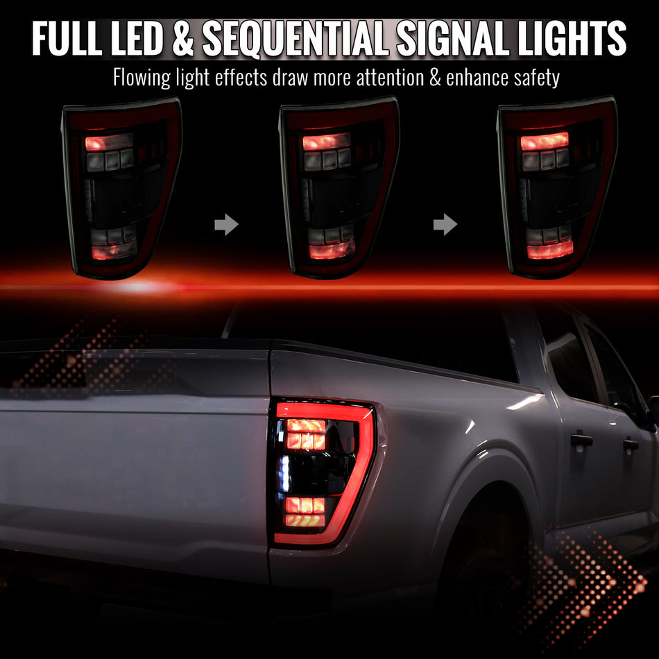 2021-2023 Ford F-150 Full LED Tail Lights with Red Light Bar Sequential Turn Signal, Startup Animation & Factory BSM Compatibility (Black Housing / Smoked Lens)