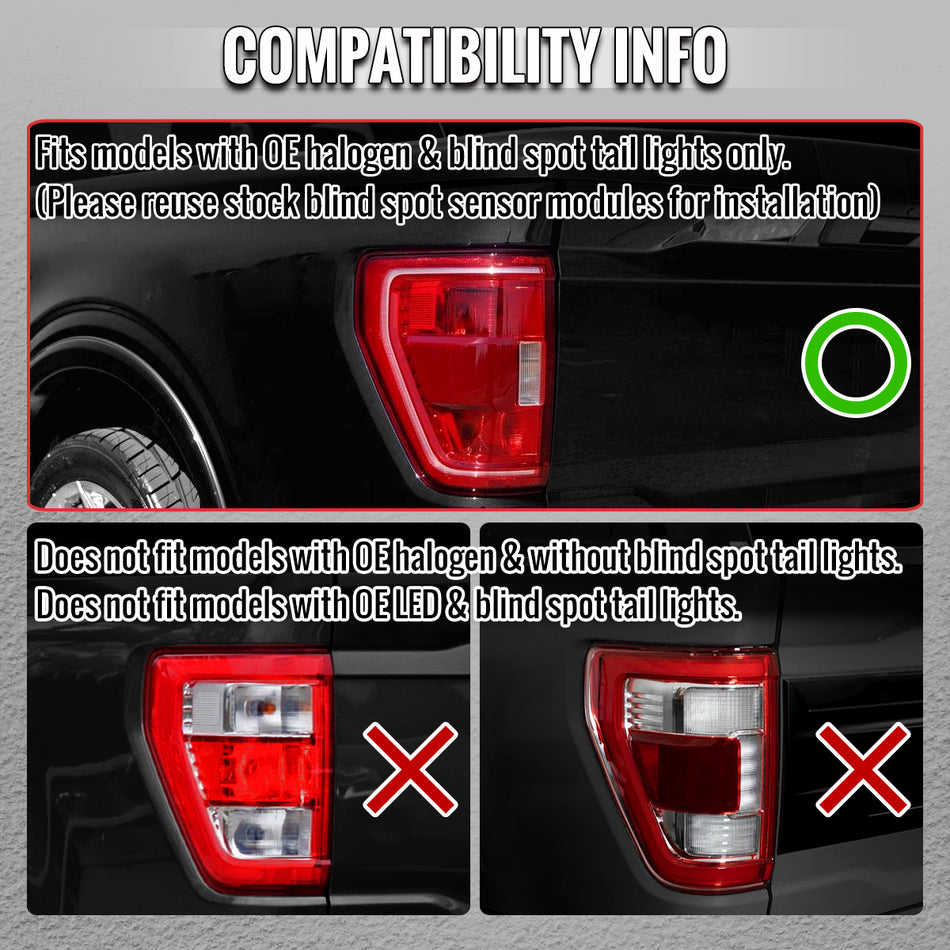2021-2023 Ford F-150 Full LED Tail Lights with Red Light Bar Sequential Turn Signal, Startup Animation & Factory BSM Compatibility (Black Housing / Smoked Lens)