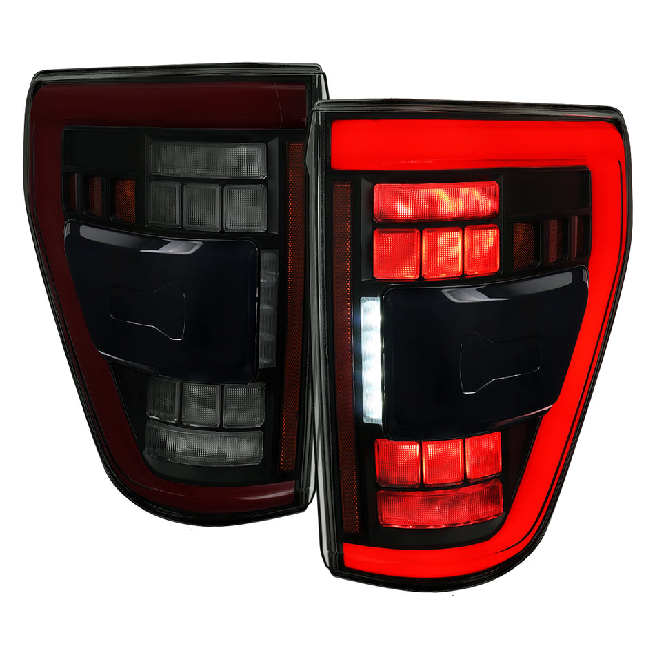 2021-2023 Ford F-150 Full LED Tail Lights with Red Light Bar Sequential Turn Signal, Startup Animation & Factory BSM Compatibility (Black Housing / Smoked Lens)