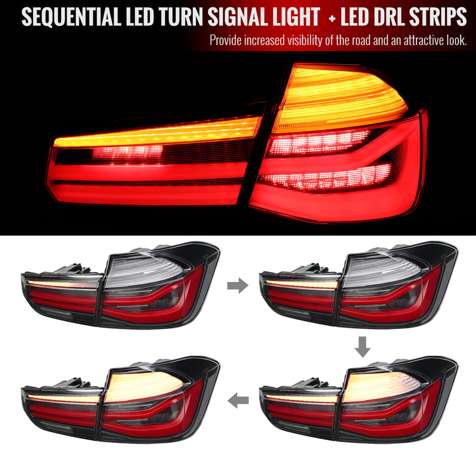 2012-2018 BMW 325i/328i/F30 Sedan LED Tail Lights w/ Sequential Turn Signal Lights (Black Housing/Clear Lens)