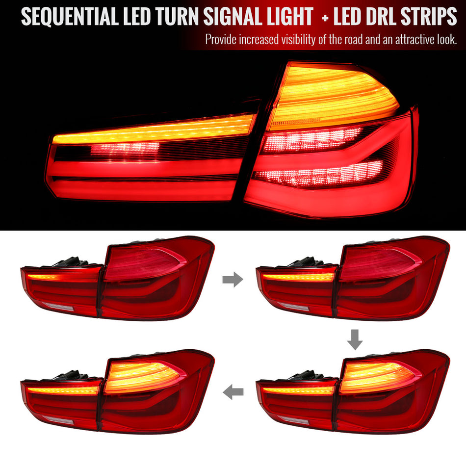 2012-2018 BMW 325i/328i/F30 Sedan LED Tail Lights w/ Sequential Turn Signal Lights (Chrome Housing/Red Clear Lens)