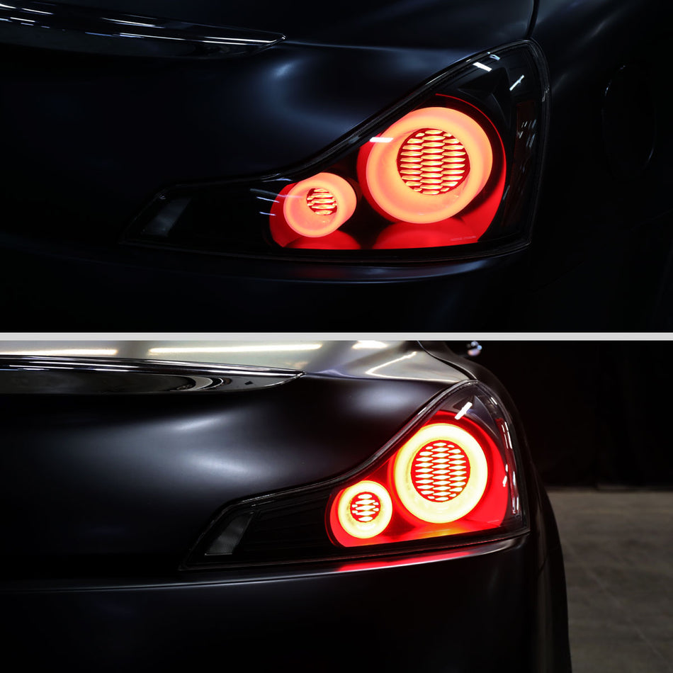 2008-2013 Infiniti G37/2014-2015 Q60 Coupe/Convertible LED Tail Lights w/ Switchback Sequential Turn Signals (Black Housing / Smoked Lens)