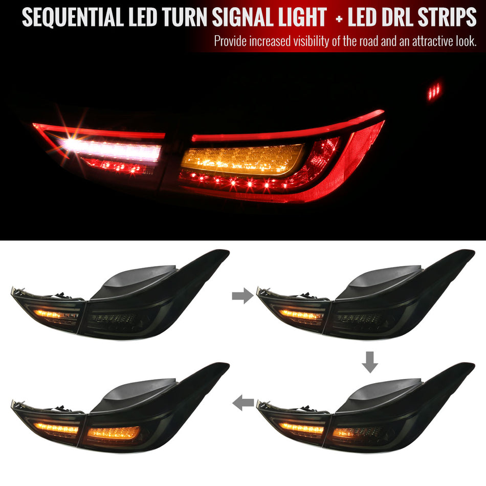 2011-2016 Hyundai Elantra Sedan LED Tail Lights w/ Sequential Turn Signal Lights (Glossy Black Housing/Smoke Lens)