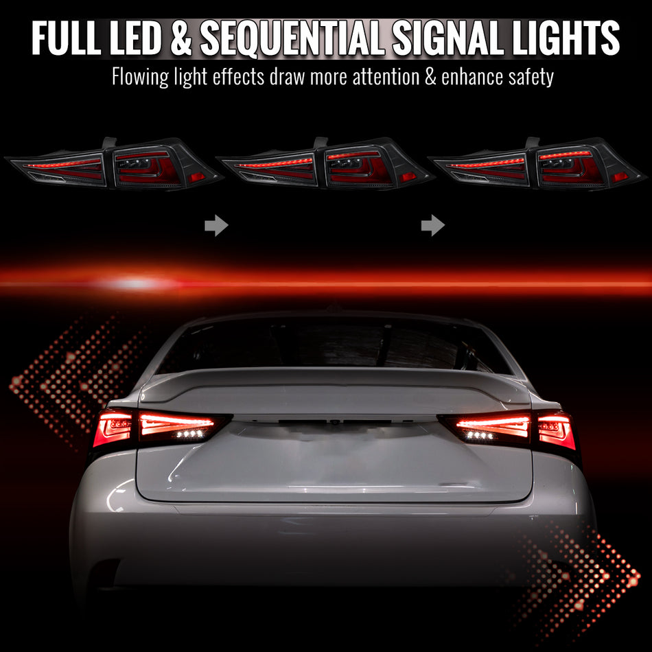 2014-2017 Lexus IS250/IS350 Full LED Tail Lights w/ Sequentail Turn Signal (Jet Black Housing / Clear Lens)