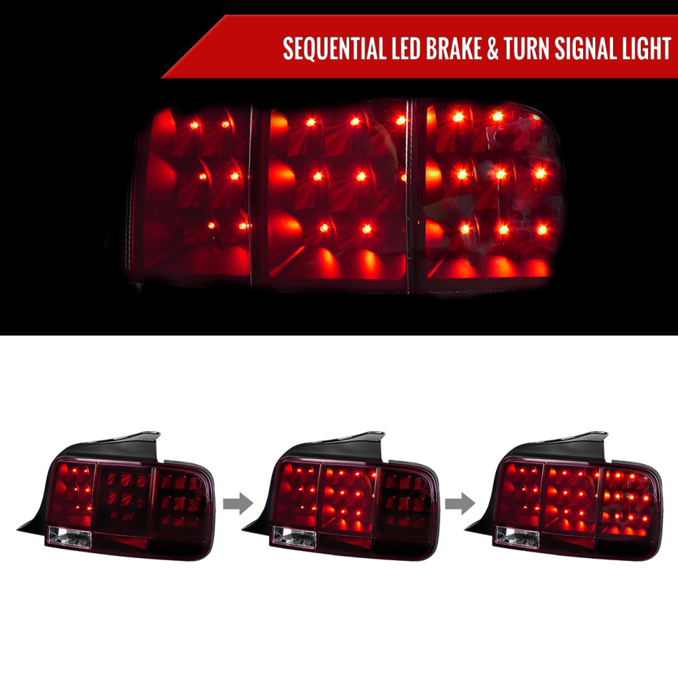 2005-2009 Ford Mustang Sequential LED Tail Lights (Chrome Housing/Red Smoked Lens)