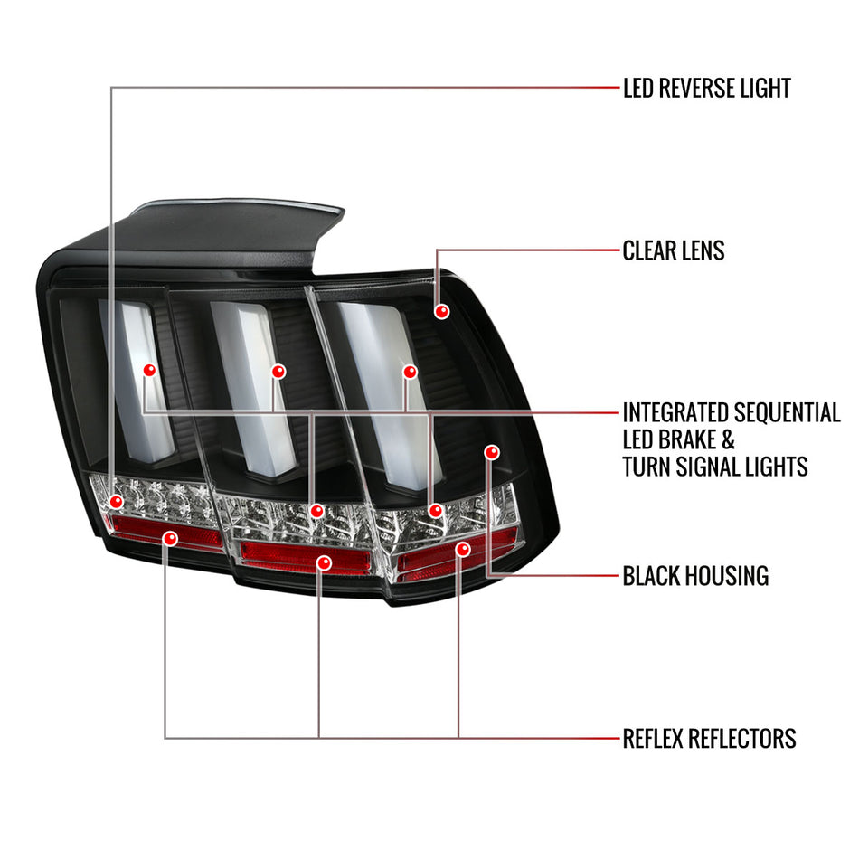1999-2004 Ford Mustang Sequential LED Tail Lights (Matte Black Housing/Clear Lens)