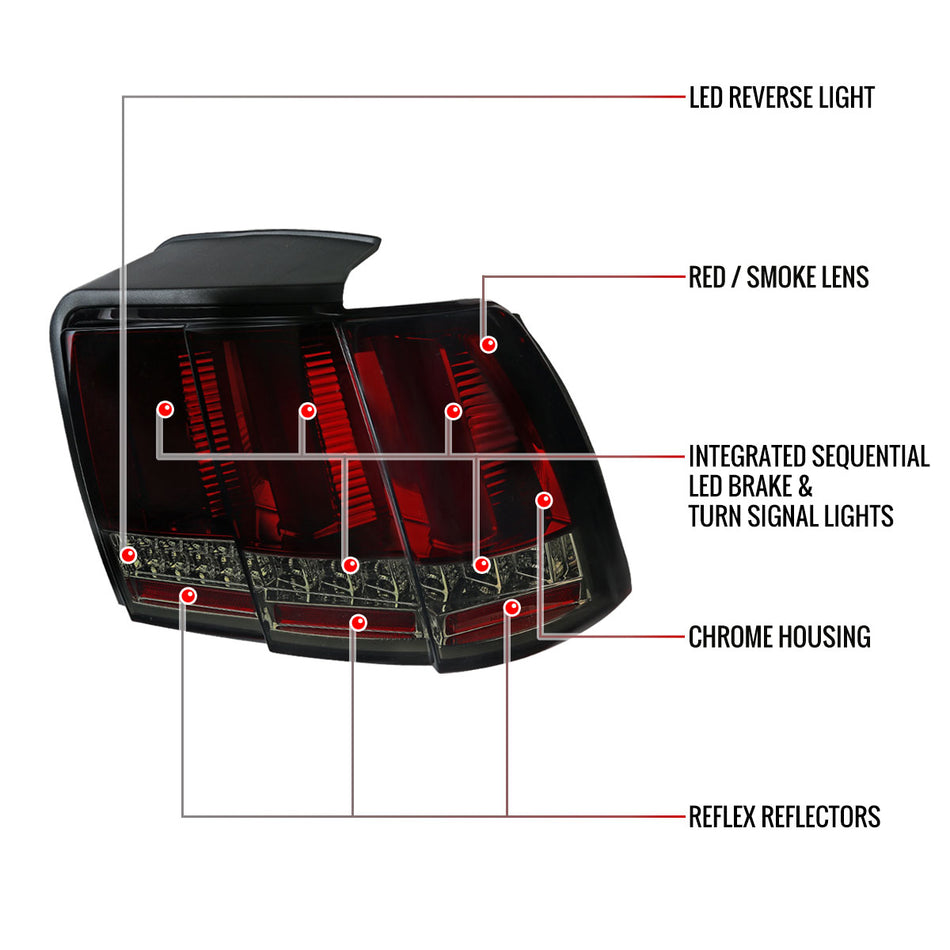1999-2004 Ford Mustang Sequential LED Tail Lights (Chrome Housing/Red Smoked Lens)