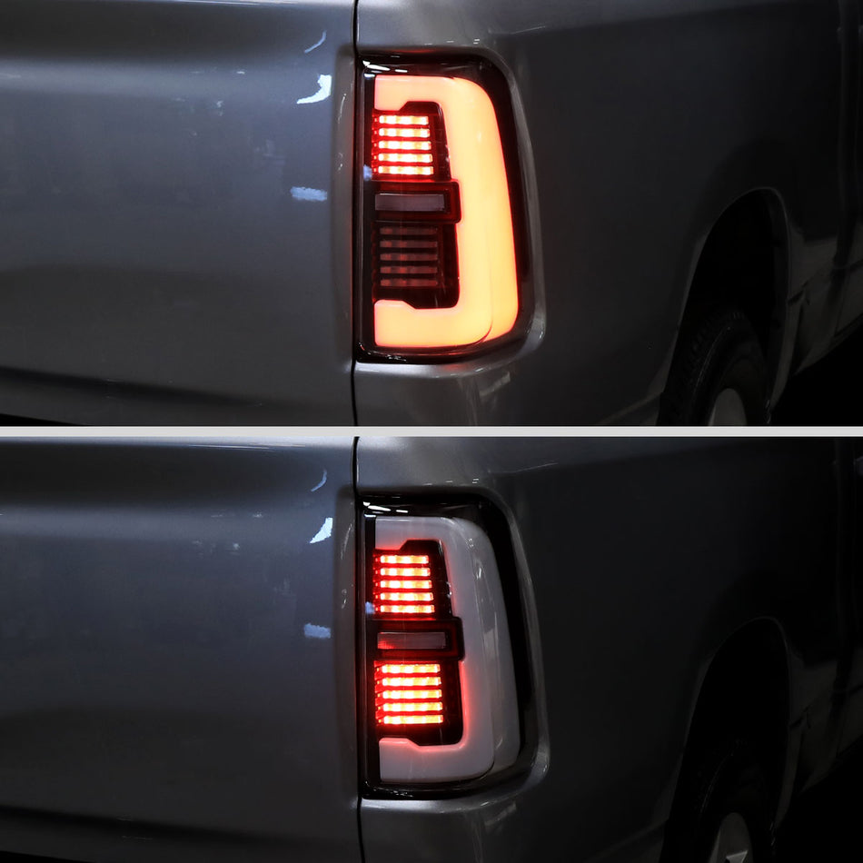 2019-2024 Dodge RAM 1500 Tail Light w/ Sequential Turn Signal LED Strip and LED Side Marker Brake Reverse (Glossy Black Housing / Smoked Lens)